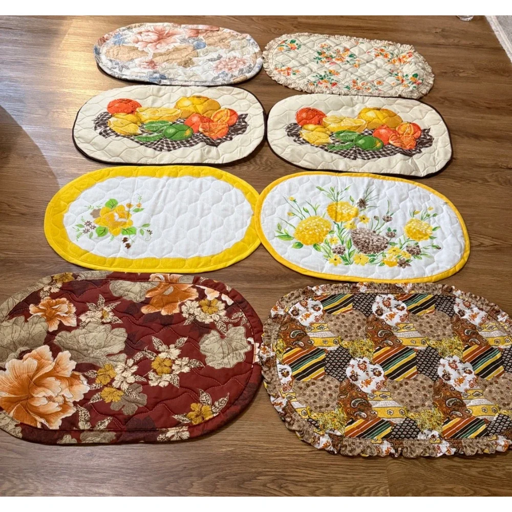 Vintage Handmade Quilted Placemats Lot of 6 Floral Fruit 19x13